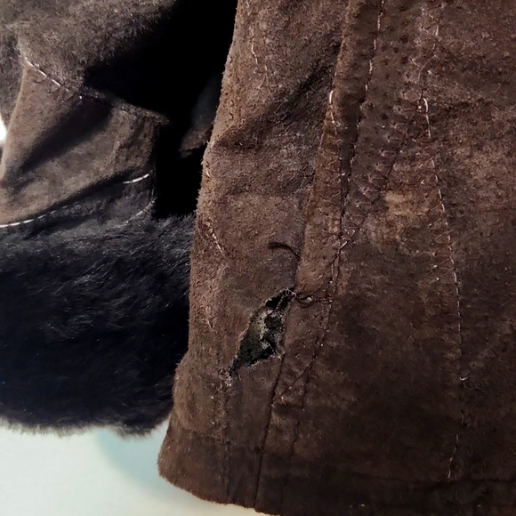 Leather Works Vintage Genuine Leather Patchwork Faux Fur Trim  Brown Size Small - Picture 10 of 12